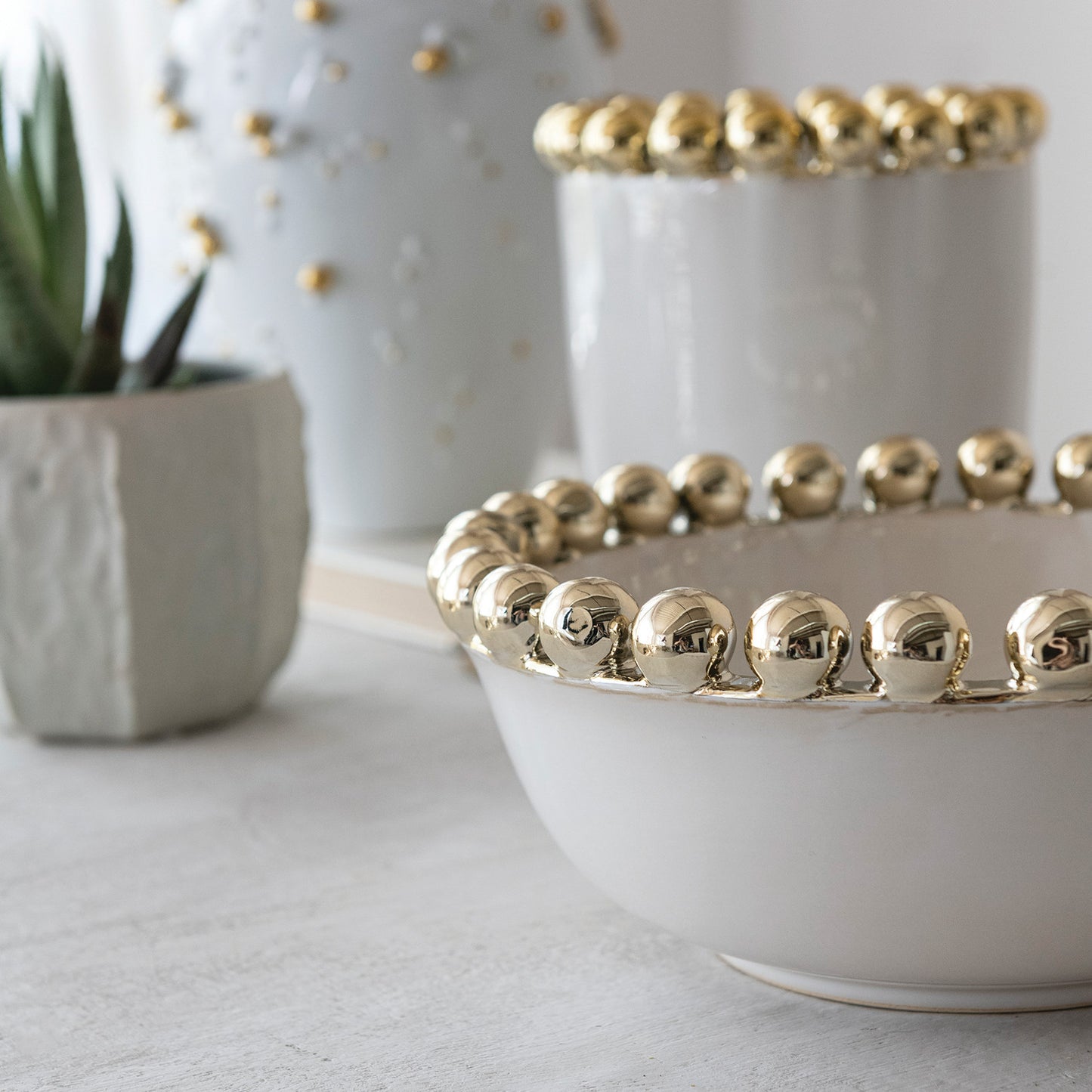 Stoneware Serving Bowl with Gold Electroplated Ball Rim, White