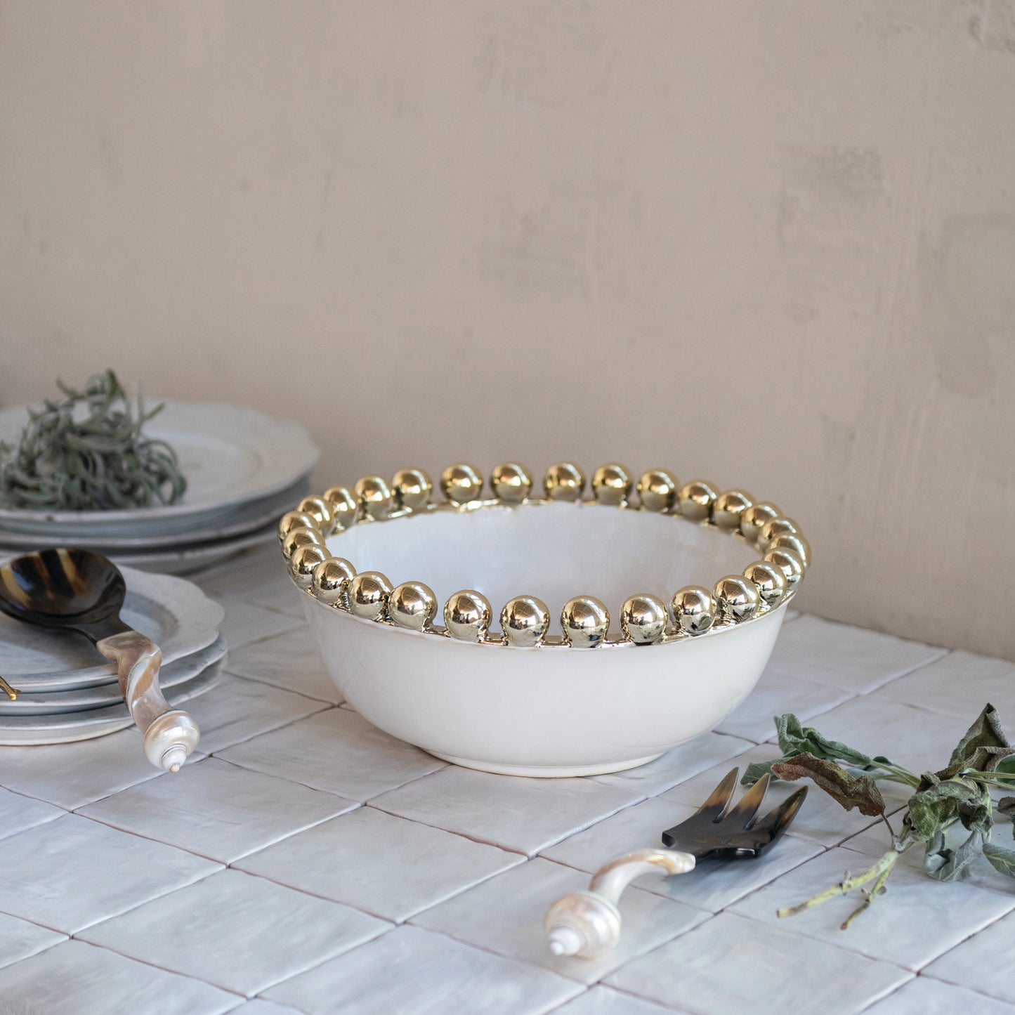 Stoneware Serving Bowl with Gold Electroplated Ball Rim, White