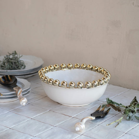 Stoneware Serving Bowl with Gold Electroplated Ball Rim, White