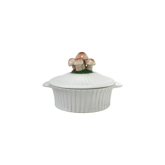 24 oz. Hand-Painted Stoneware Fluted Baker with Mushrooms, White, Brown & Green