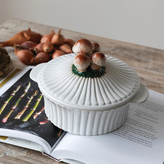 24 oz. Hand-Painted Stoneware Fluted Baker with Mushrooms, White, Brown & Green