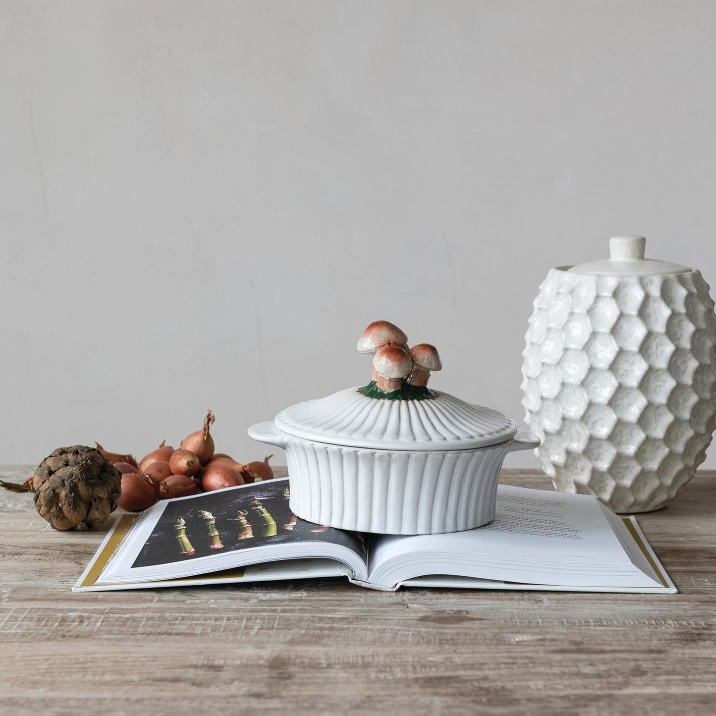 24 oz. Hand-Painted Stoneware Fluted Baker with Mushrooms, White, Brown & Green