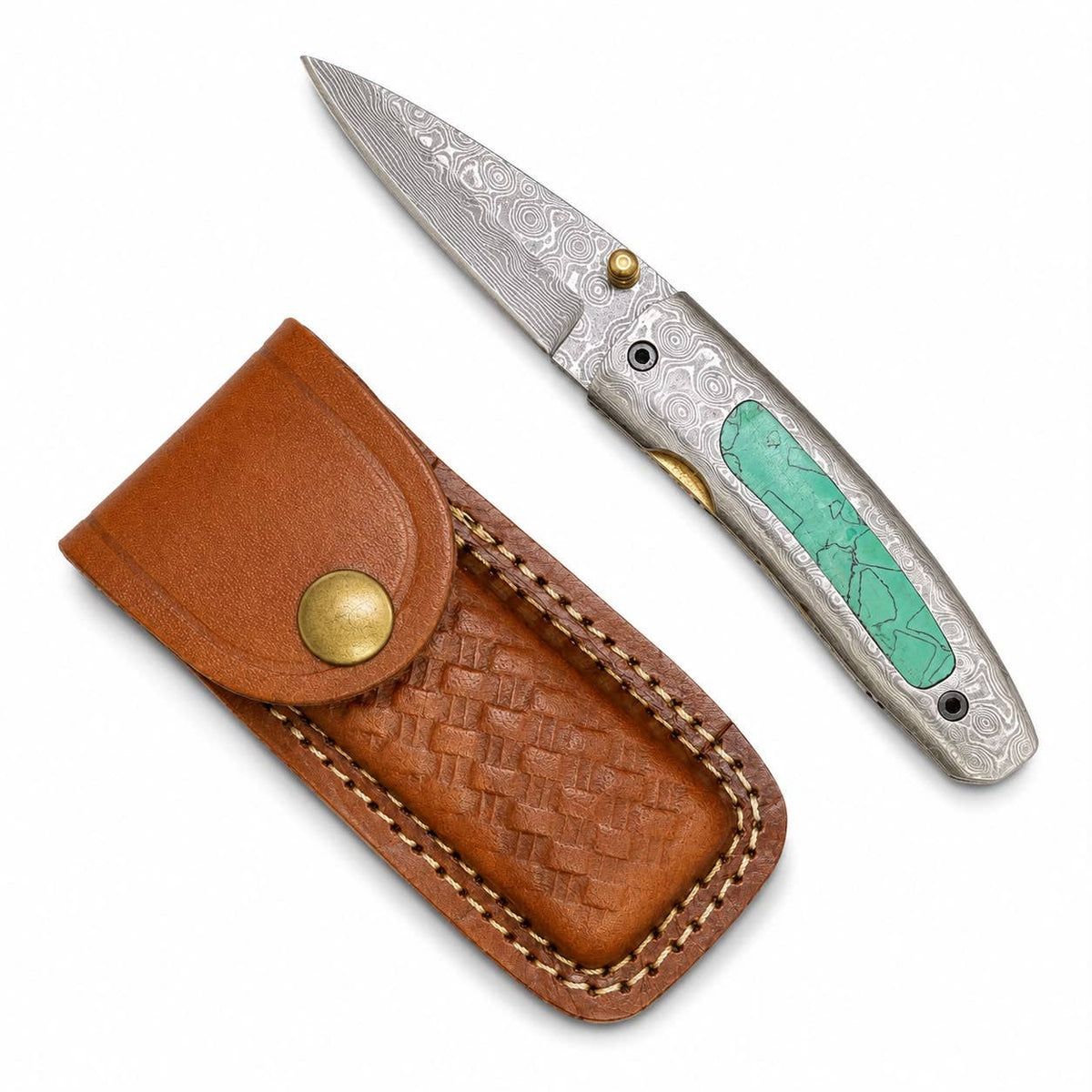 Titan Turquoise Ridge Damascus Folding Knife-TFT112