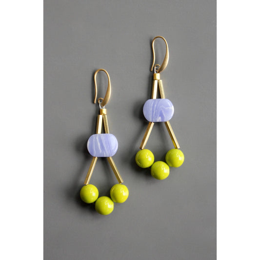 EMIE54 Geometric lavender and moss green earrings