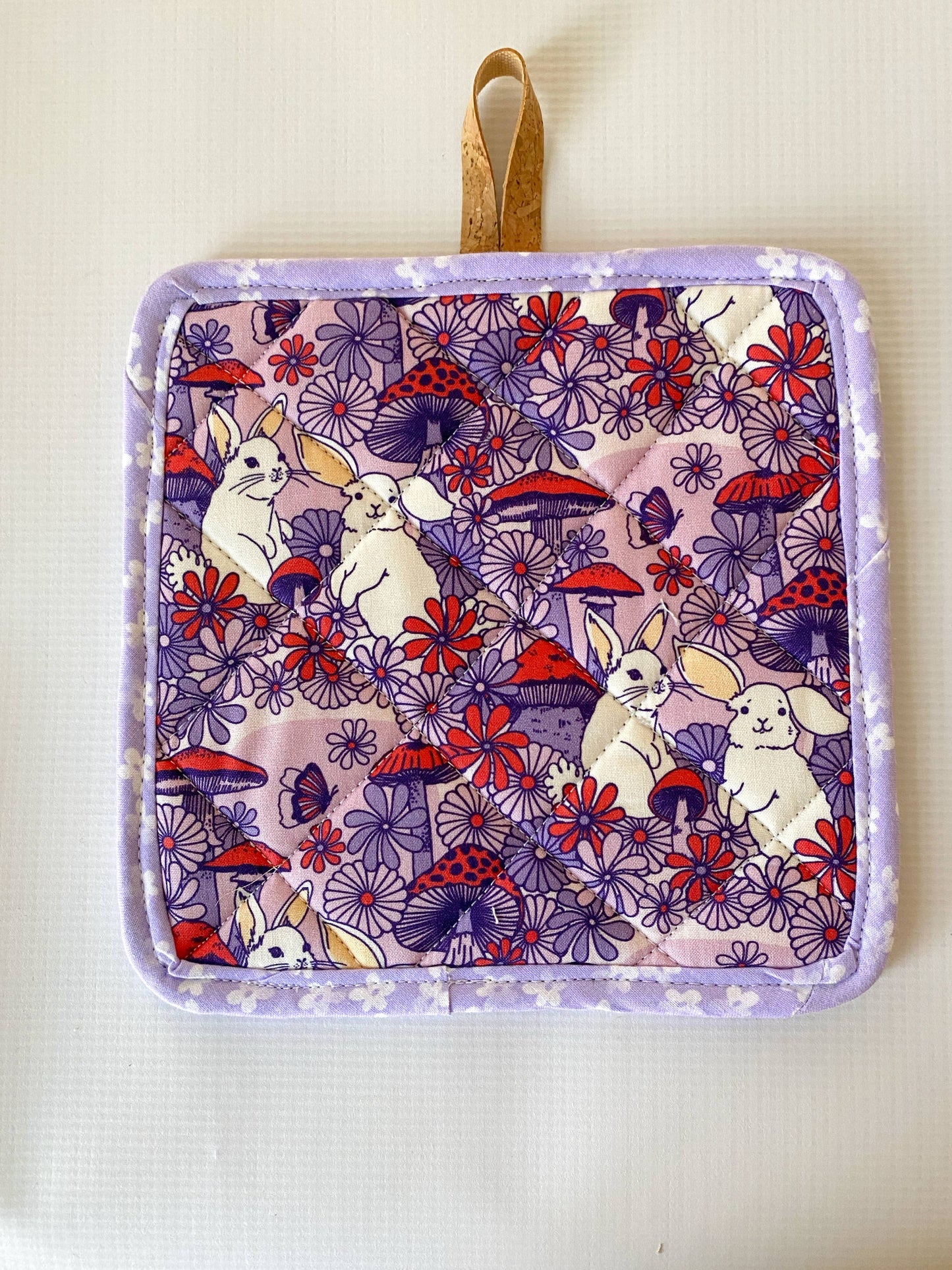Rabbits and Mushrooms Cork andCotton Potholder ( No Pocket)